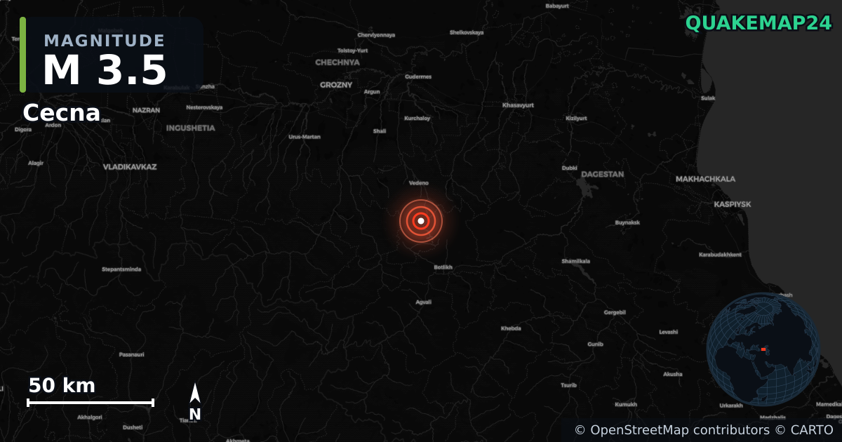 M3.5 earthquake near Cecna on Nov 17, 2025 — map of epicenter and shaking intensity | QuakeMap24