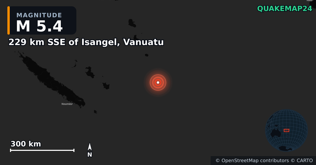 M5.4 earthquake near 229 km SSE of Isangel, Vanuatu on Apr 15, 2026 — map of epicenter and shaking intensity | QuakeMap24