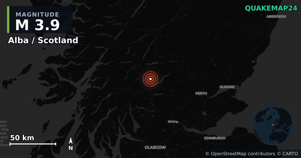 M3.9 earthquake near Alba / Scotland on Oct 20, 2025 — map of epicenter and shaking intensity | QuakeMap24