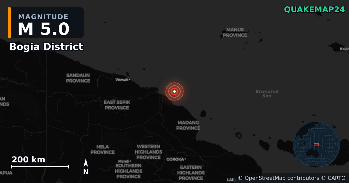 M5.0 earthquake near Bogia District on Jan 13, 2026 — map of epicenter and shaking intensity | QuakeMap24
