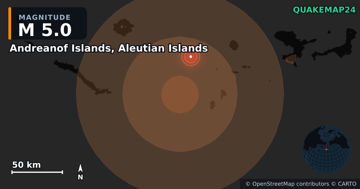 Andreanof Islands, Aleutian Islands yakınında M5,0 deprem — Deprem merkez üssünün konumunu gösteren harita