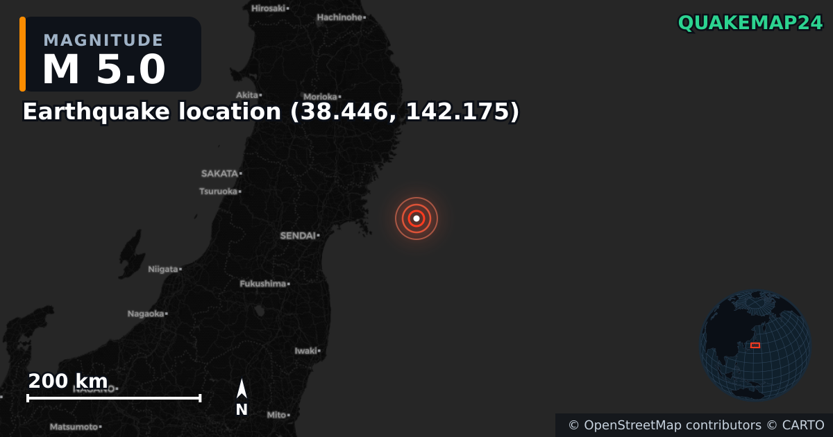 M5.0 earthquake near Deprem konumu (38.446, 142.175) on Nov 9, 2025 — map of epicenter and shaking intensity | QuakeMap24