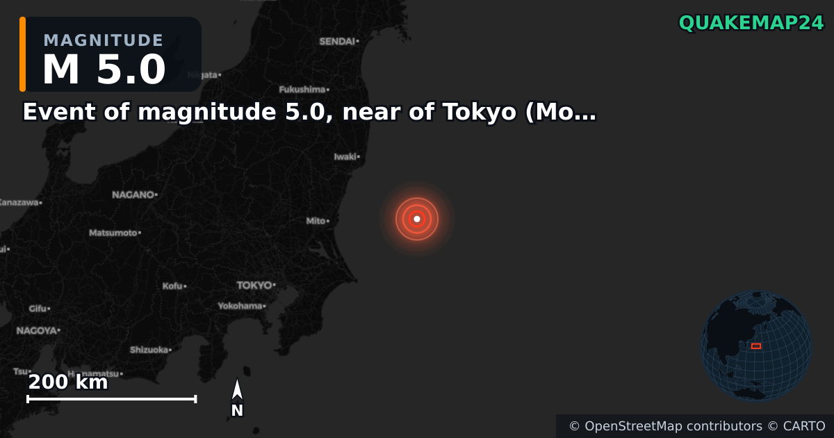 M5.0 earthquake near Event of magnitude 5.0, near of Tokyo (Monde) on Feb 8, 2026 — map of epicenter and shaking intensity | QuakeMap24