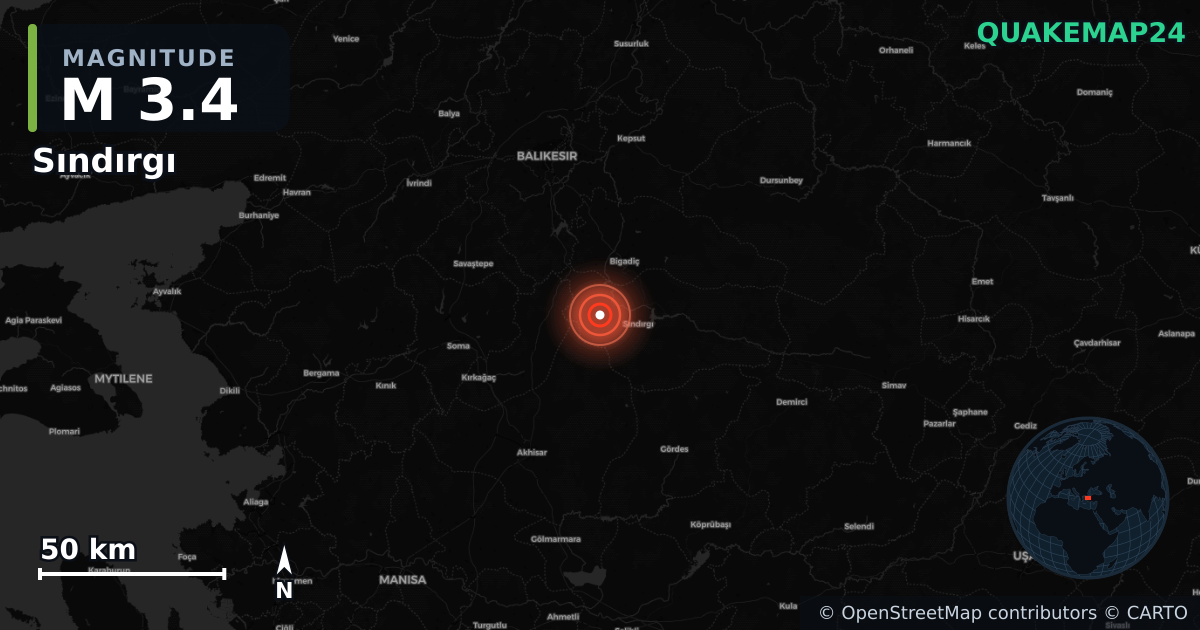 M3.4 earthquake near Sındırgı on Nov 10, 2025 — map of epicenter and shaking intensity | QuakeMap24