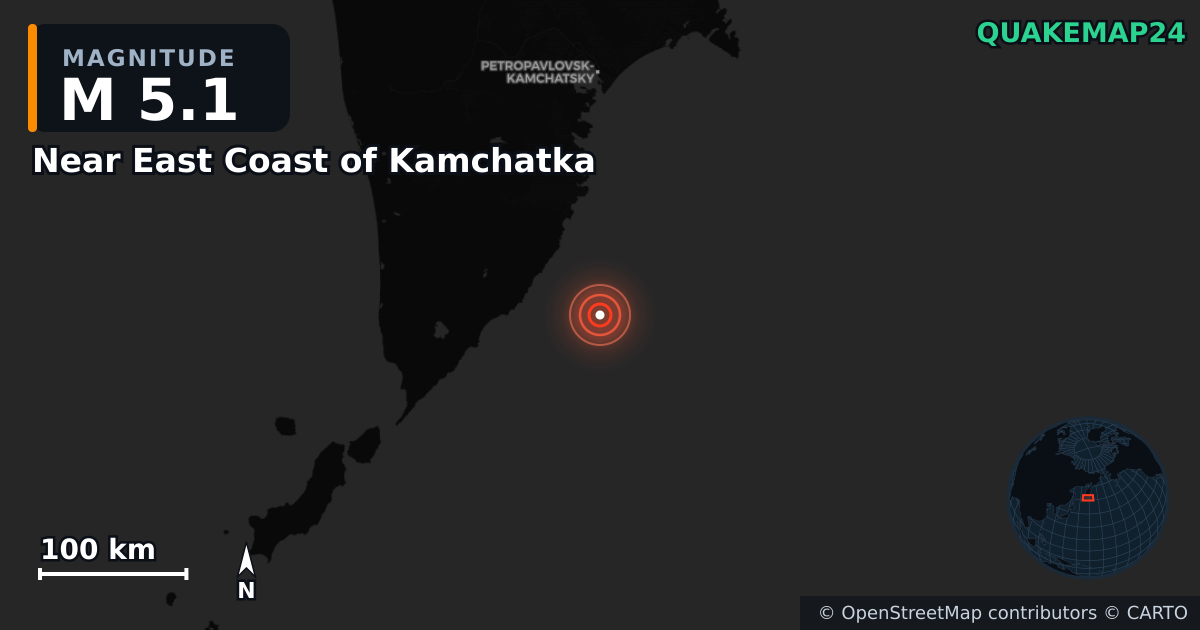 Near East Coast of Kamchatka yakınında M5,1 deprem — Deprem merkez üssünün konumunu gösteren harita