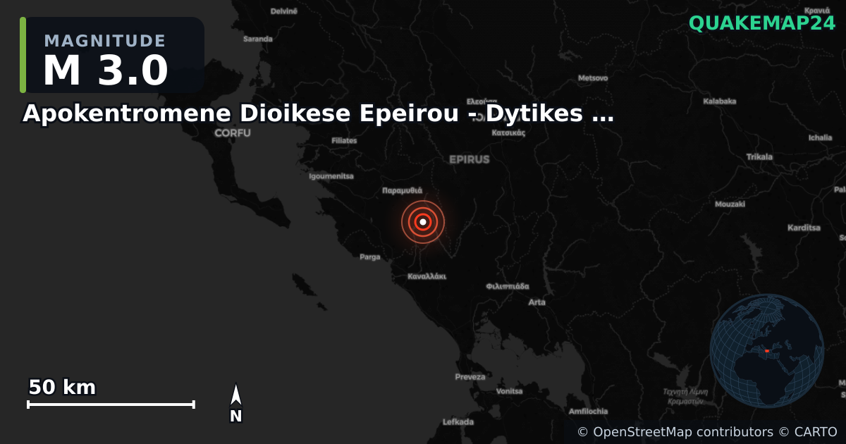 M3.0 earthquake near Apokentromene Dioikese Epeirou - Dytikes Makedonias on Oct 12, 2025 — map of epicenter and shaking intensity | QuakeMap24
