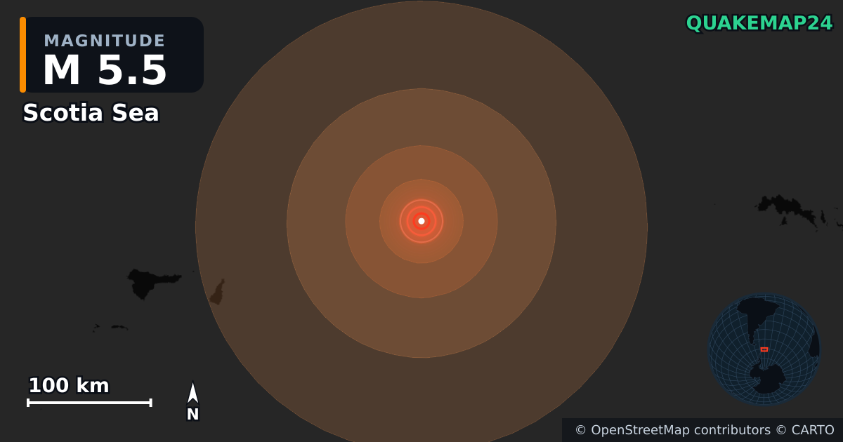 M5.5 earthquake near Scotia Sea on Jul 18, 2026 — map of epicenter and shaking intensity | QuakeMap24