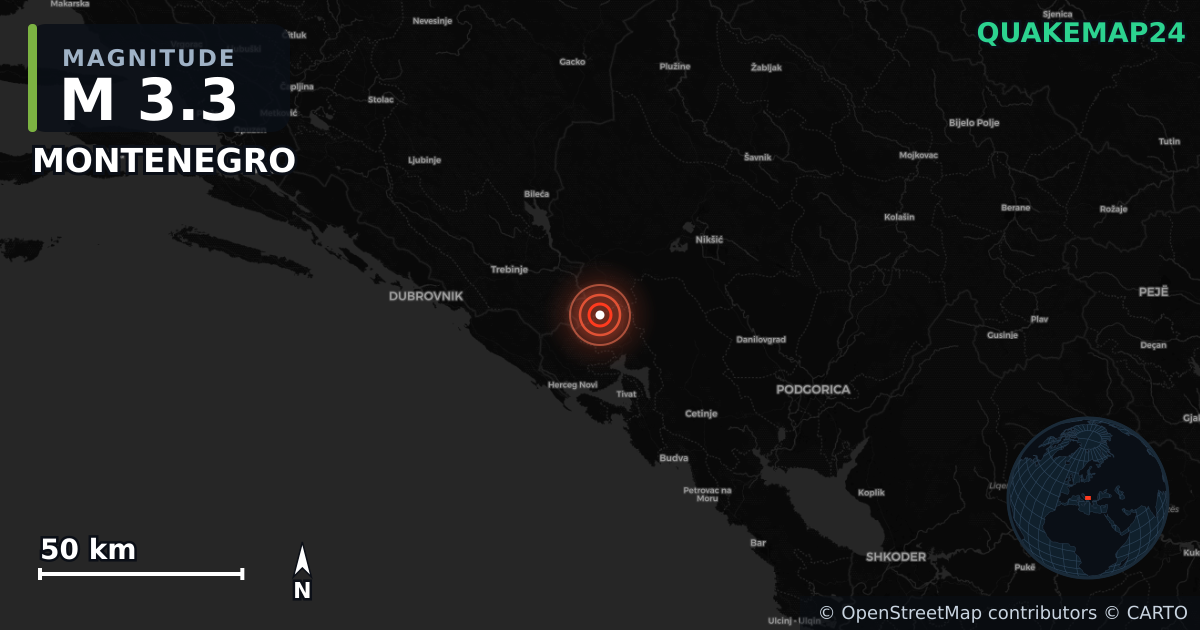 M3.3 earthquake near MONTENEGRO on Jul 2, 2025 — map of epicenter and shaking intensity | QuakeMap24