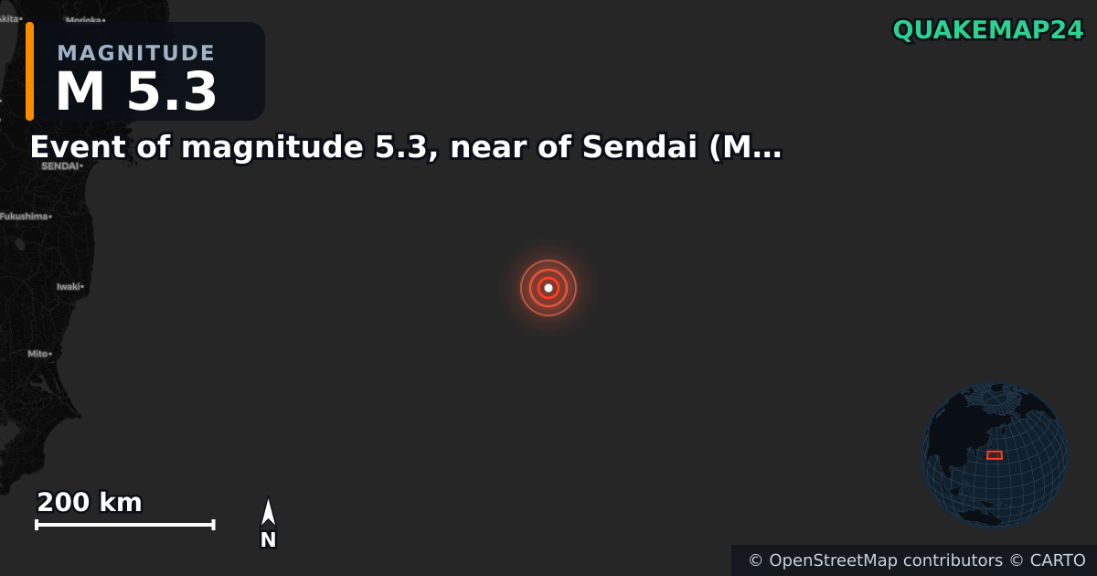 Erdbeben M5,3 bei Event of magnitude 5.3, near of Sendai (Monde) · 2025-11-19 — Karte der Lage des Epizentrums