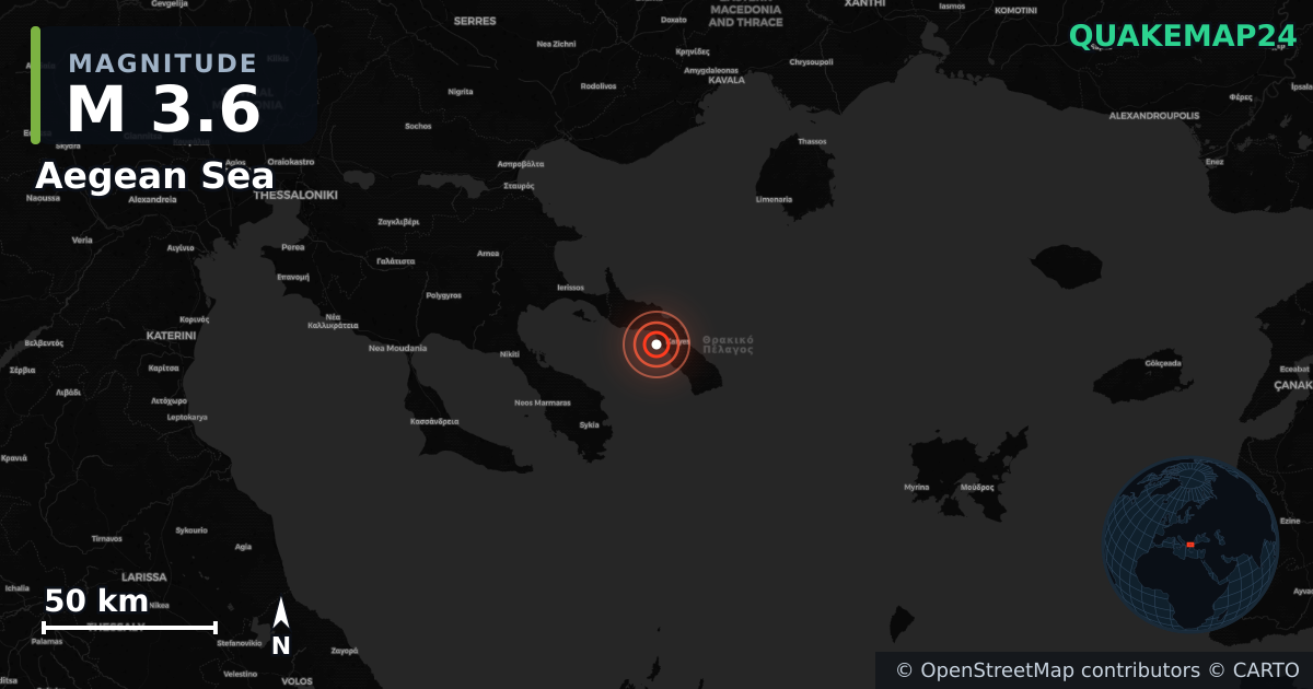 M3.6 earthquake near Aegean Sea on Nov 13, 2025 — map of epicenter and shaking intensity | QuakeMap24
