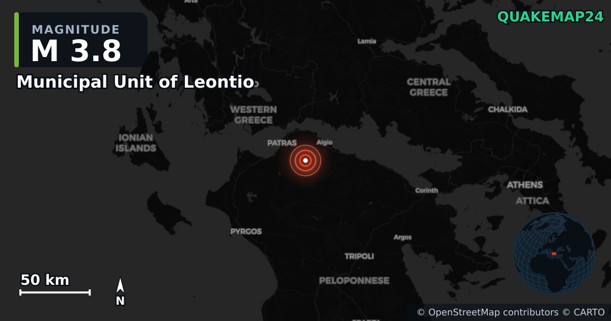M3.8 earthquake near Municipal Unit of Leontio on Apr 10, 2026 — map of epicenter and shaking intensity | QuakeMap24