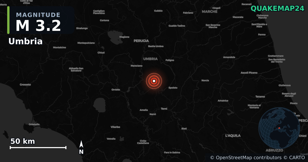 M3.2 earthquake near Umbria on Sep 20, 2025 — map of epicenter and shaking intensity | QuakeMap24