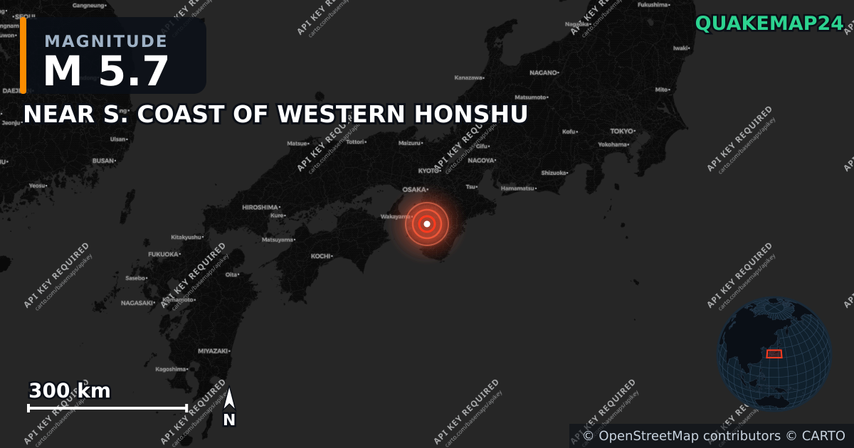 M5.7 earthquake near NEAR S. COAST OF WESTERN HONSHU on May 2, 2026 — map of epicenter and shaking intensity | QuakeMap24