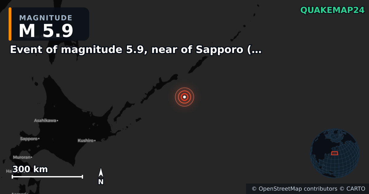 M5.9 earthquake near Event of magnitude 5.9, near of Sapporo (Monde) on Jan 13, 2026 — map of epicenter and shaking intensity | QuakeMap24