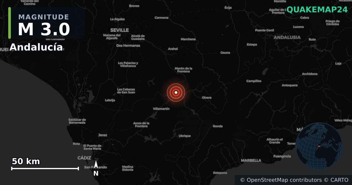 M3.0 earthquake near Andalucía on Nov 13, 2025 — map of epicenter and shaking intensity | QuakeMap24