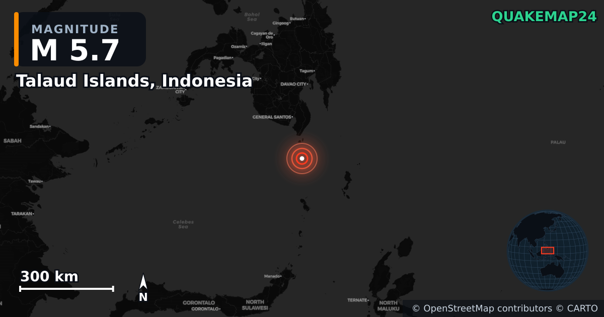 M5.7 earthquake near Talaud Islands, Indonesia on Jun 8, 2026 — map of epicenter and shaking intensity | QuakeMap24