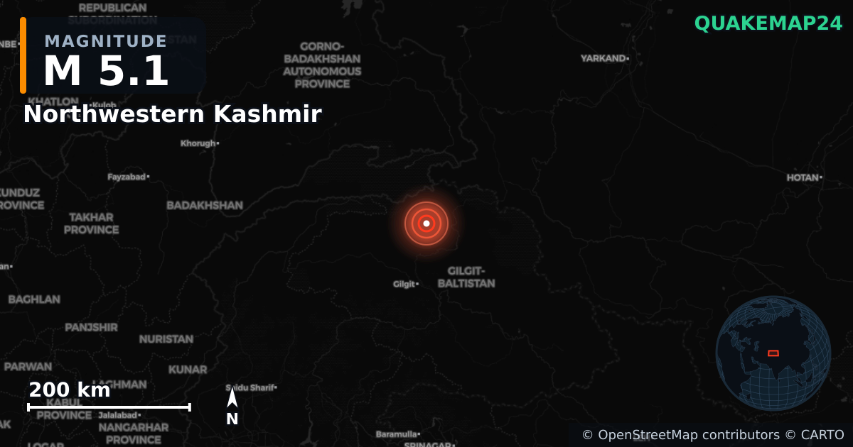 M5.1 earthquake near Northwestern Kashmir on Mar 27, 2026 — map of epicenter and shaking intensity | QuakeMap24