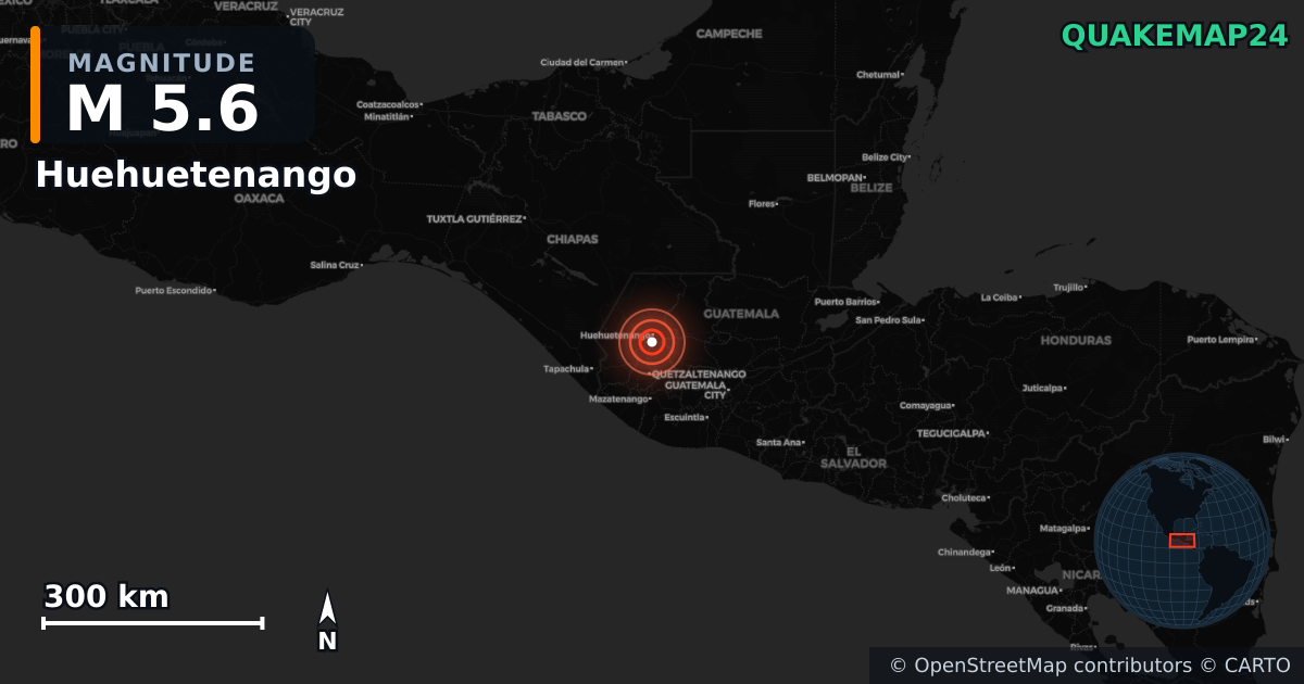 M5.6 earthquake near Huehuetenango on Nov 28, 2025 — map of epicenter and shaking intensity | QuakeMap24
