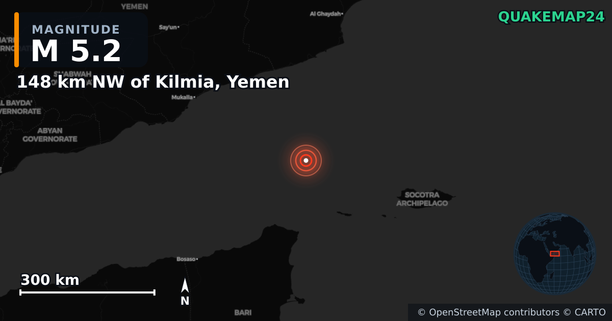 Erdbeben M5,2 bei 148 km NW of Kilmia, Yemen · 2026-09-26 — Karte der Lage des Epizentrums