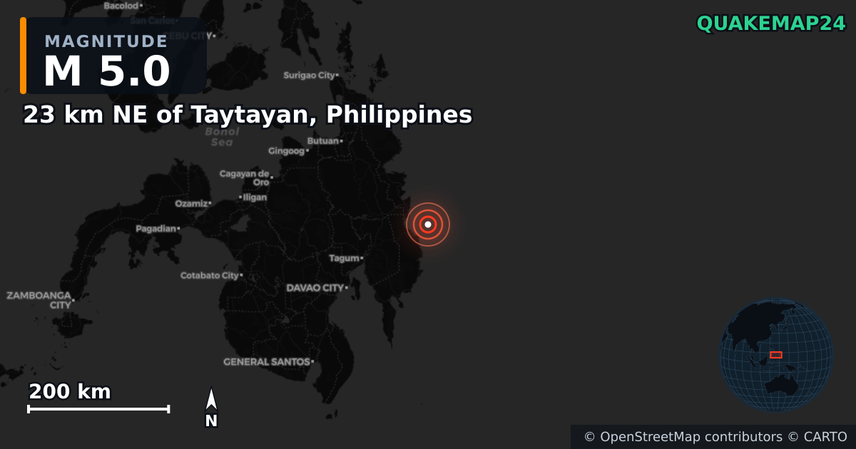 M5.0 earthquake near 23 km NE of Taytayan, Philippines on Mar 1, 2025 — map of epicenter and shaking intensity | QuakeMap24