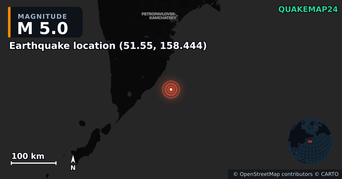 M5.0 earthquake near Deprem konumu (51.55, 158.444) on Aug 13, 2025 — map of epicenter and shaking intensity | QuakeMap24