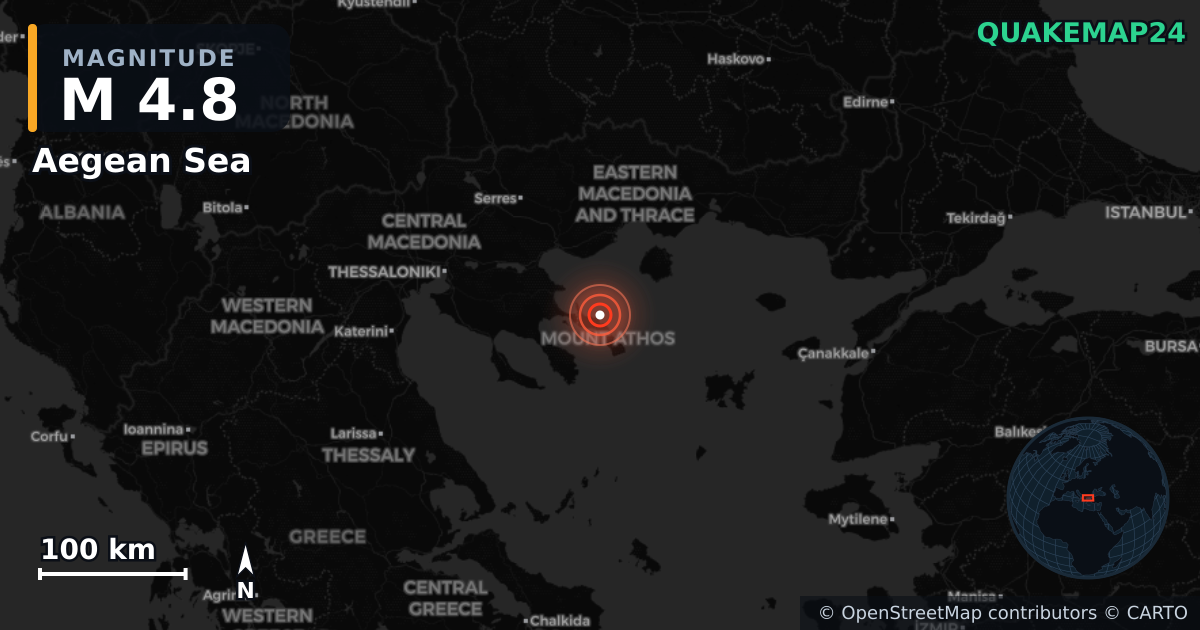 M4.8 earthquake near Aegean Sea on Sep 22, 2025 — map of epicenter and shaking intensity | QuakeMap24