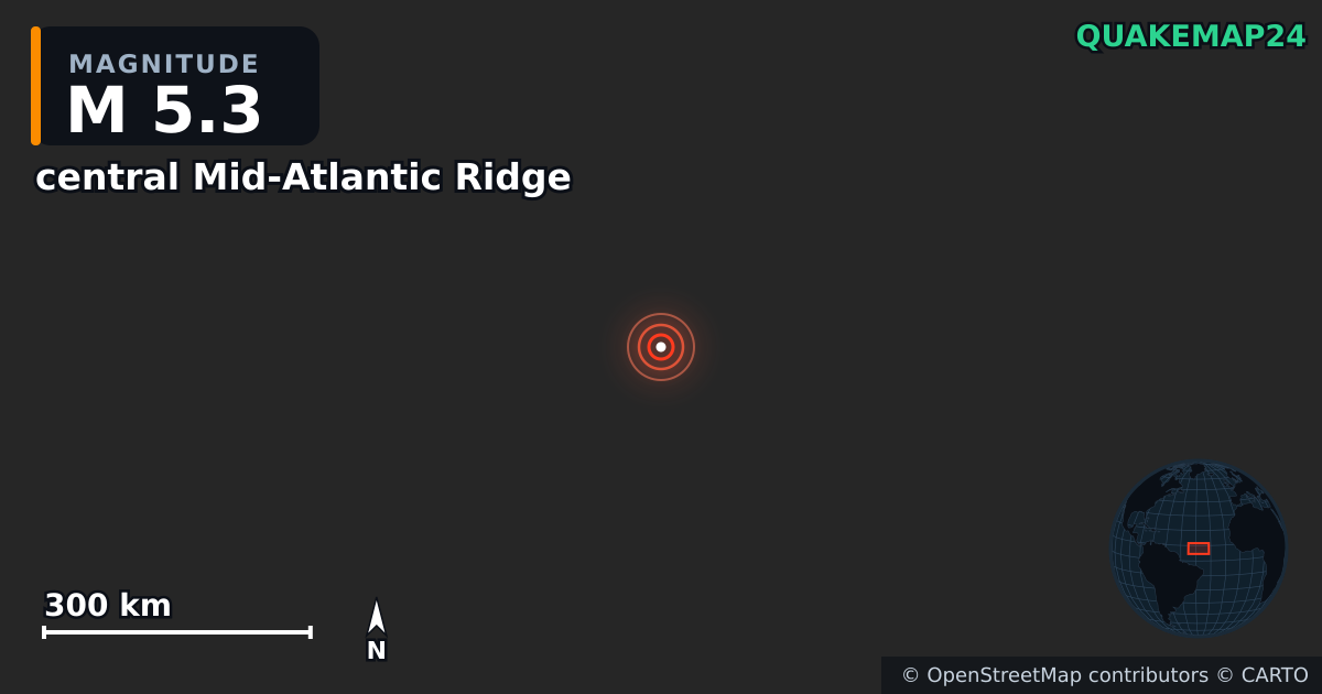 Erdbeben M5,3 bei central Mid-Atlantic Ridge · 2025-04-09 — Karte der Lage des Epizentrums