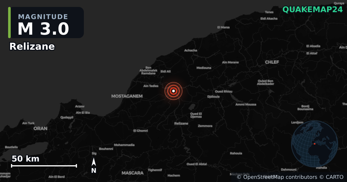 M3.0 earthquake near Relizane on Jul 25, 2025 — map of epicenter and shaking intensity | QuakeMap24