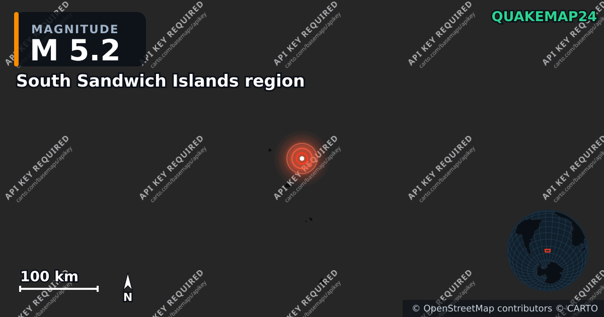 M5.2 earthquake near South Sandwich Islands region on Sep 2, 2026 — map of epicenter and shaking intensity | QuakeMap24