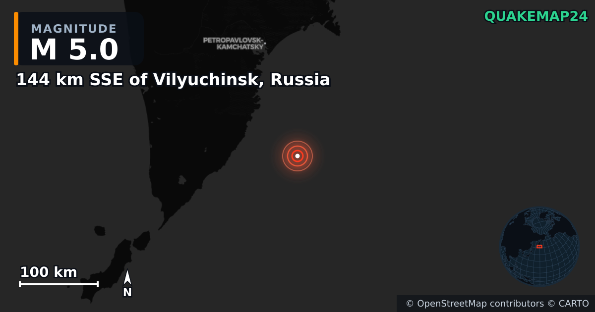 M5.0 earthquake near 144 km SSE of Vilyuchinsk, Russia on Aug 4, 2025 — map of epicenter and shaking intensity | QuakeMap24