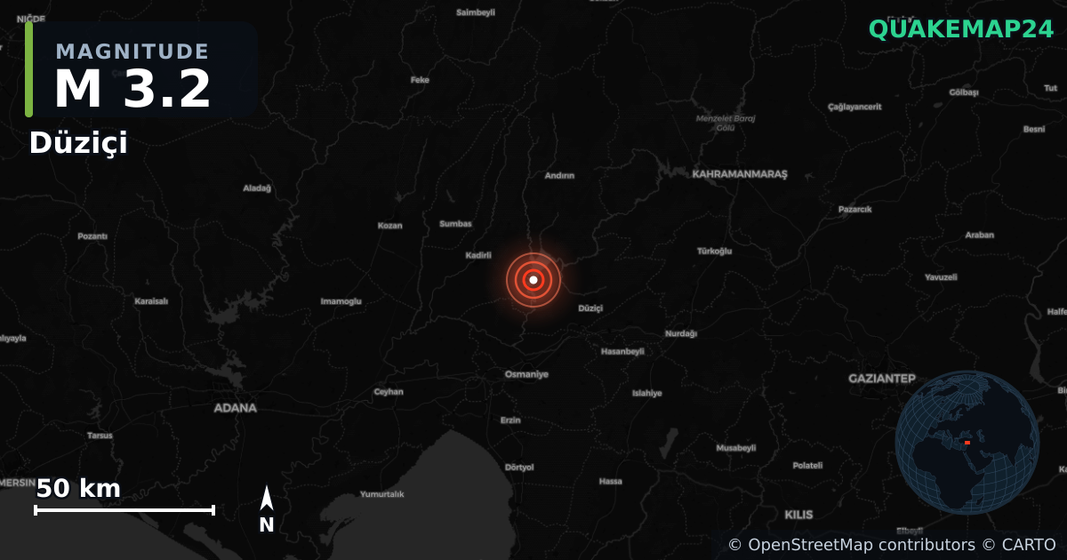 M3.2 earthquake near Düziçi on Nov 28, 2025 — map of epicenter and shaking intensity | QuakeMap24