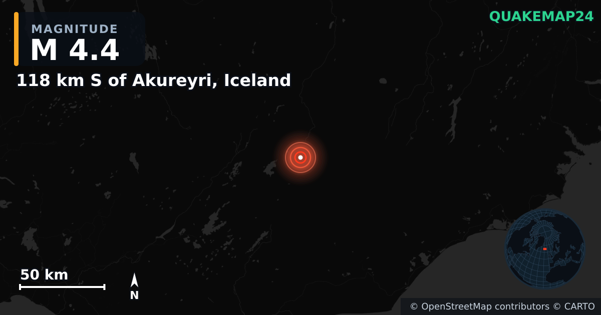 M4.4 earthquake near 118 km S of Akureyri, Iceland on Jan 14, 2025 — map of epicenter and shaking intensity | QuakeMap24