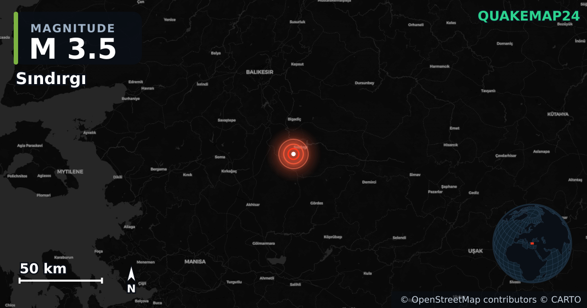 M3.5 earthquake near Sındırgı on Aug 10, 2025 — map of epicenter and shaking intensity | QuakeMap24