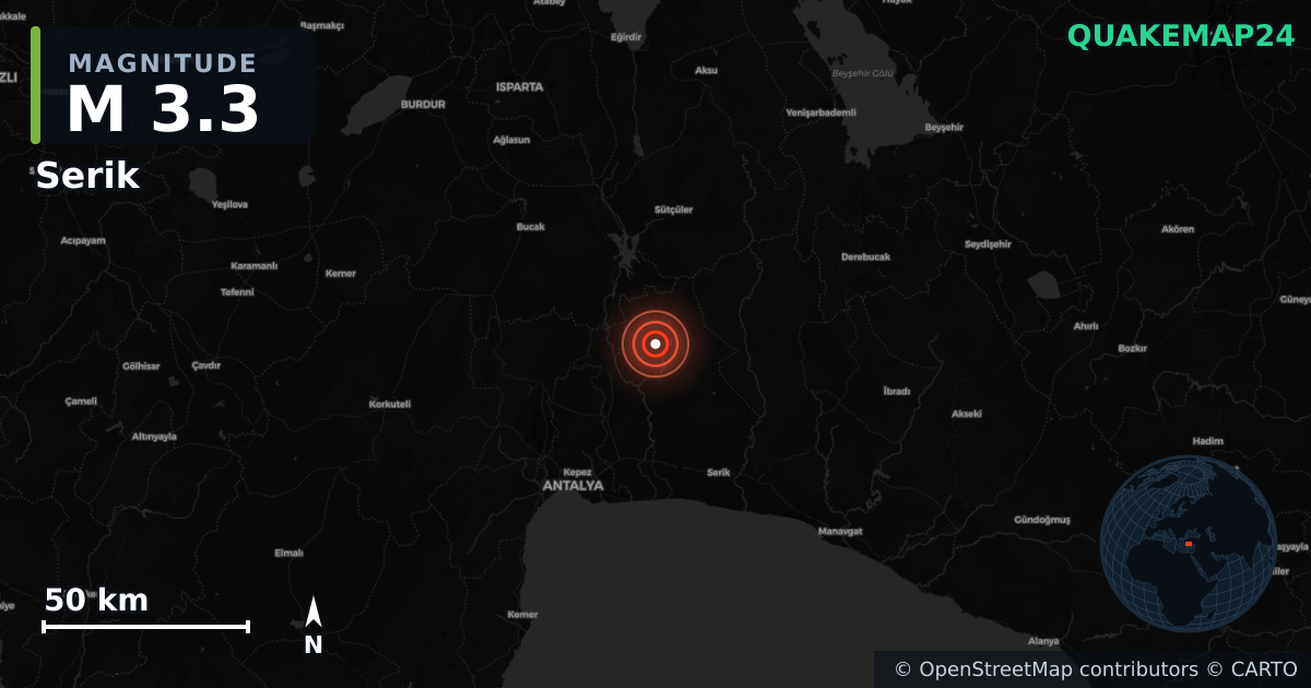 Sismo de M3,3 perto de Serik, Antalya (Turquia) · 2026-10-06 — Mapa da localização do epicentro
