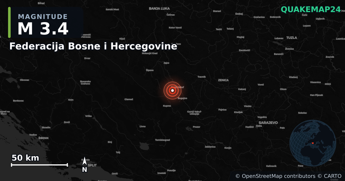 M3.4 earthquake near Federacija Bosne i Hercegovine on Nov 7, 2025 — map of epicenter and shaking intensity | QuakeMap24
