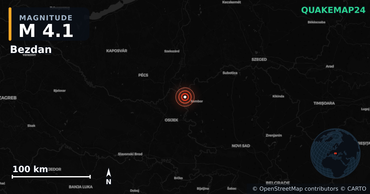 M4.1 earthquake near Bezdan on May 5, 2026 — map of epicenter and shaking intensity | QuakeMap24