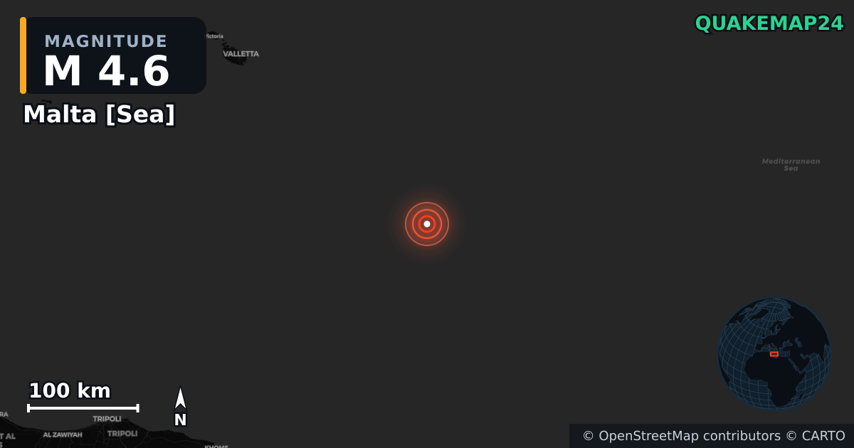 M4.6 Earthquake near Malta [Sea] · 2025-08-30 — Map showing the location of the epicenter