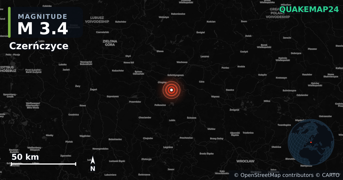 M3.4 earthquake near Czerńczyce on Jun 12, 2026 — map of epicenter and shaking intensity | QuakeMap24