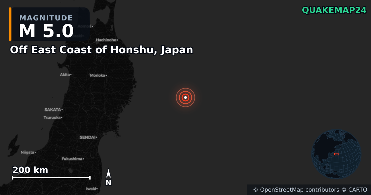 M5.0 earthquake near Off East Coast of Honshu, Japan on Nov 19, 2025 — map of epicenter and shaking intensity | QuakeMap24