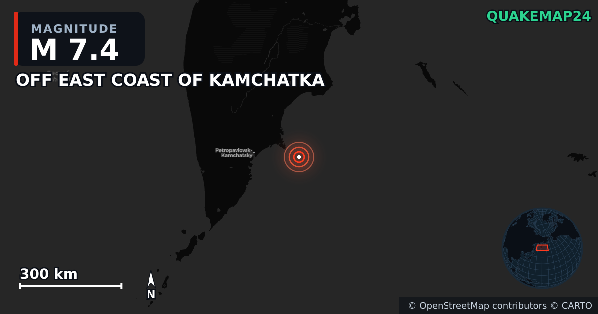M7.4 earthquake near OFF EAST COAST OF KAMCHATKA on Jul 20, 2025 — map of epicenter and shaking intensity | QuakeMap24