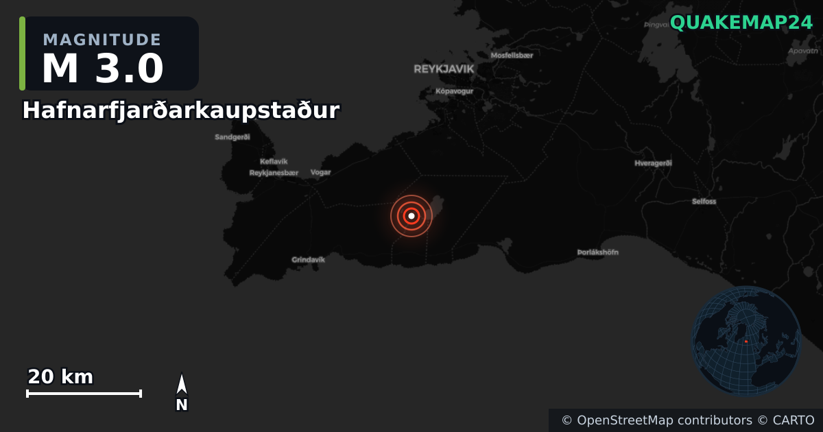 M3.0 earthquake near Hafnarfjarðarkaupstaður on Oct 4, 2025 — map of epicenter and shaking intensity | QuakeMap24