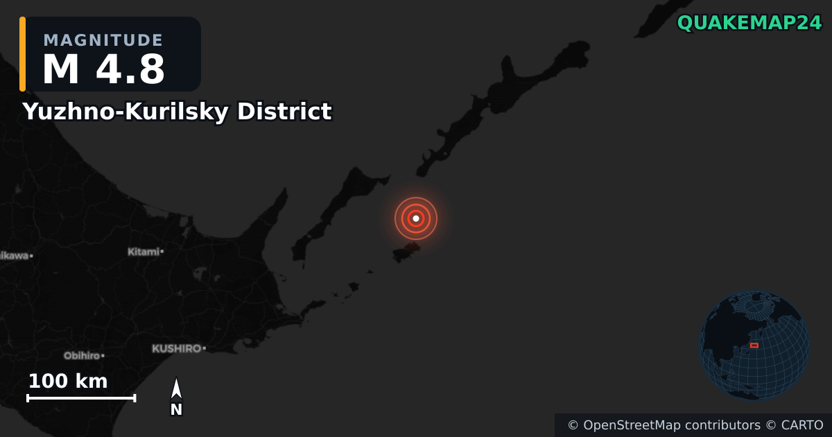 M4.8 earthquake near Yuzhno-Kurilsky District on Jul 5, 2026 — map of epicenter and shaking intensity | QuakeMap24