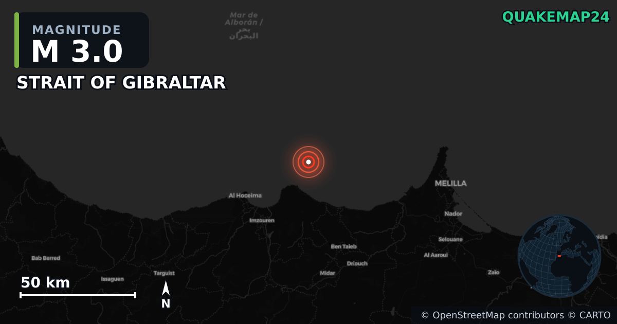 M3.0 earthquake near STRAIT OF GIBRALTAR on Jun 9, 2025 — map of epicenter and shaking intensity | QuakeMap24