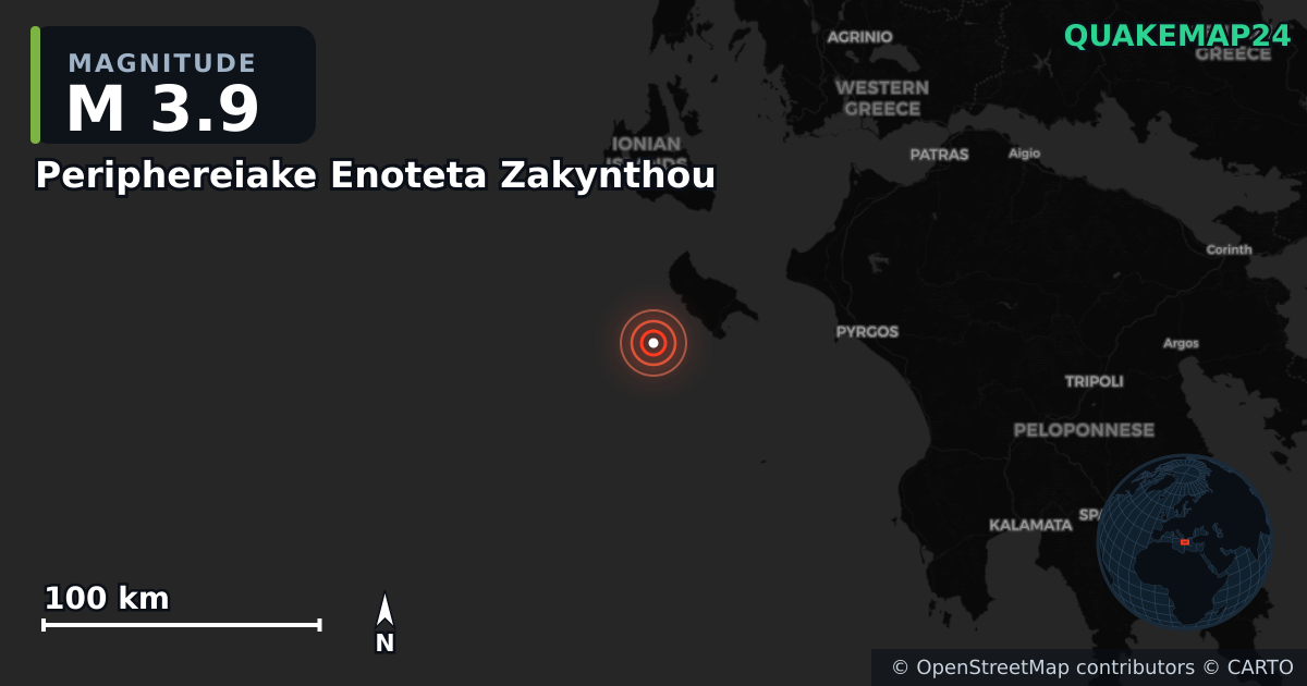 M3.9 earthquake near Periphereiake Enoteta Zakynthou on Jan 22, 2026 — map of epicenter and shaking intensity | QuakeMap24