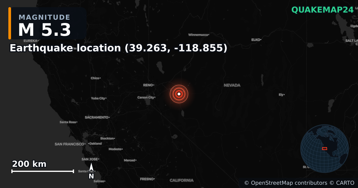 M5.3 earthquake near Deprem konumu (39.263, -118.855) on Apr 14, 2026 — map of epicenter and shaking intensity | QuakeMap24