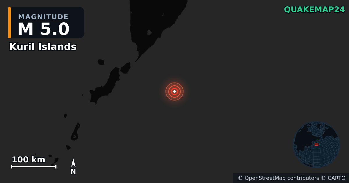M5.0 earthquake near Kuril Islands on Jul 30, 2025 — map of epicenter and shaking intensity | QuakeMap24