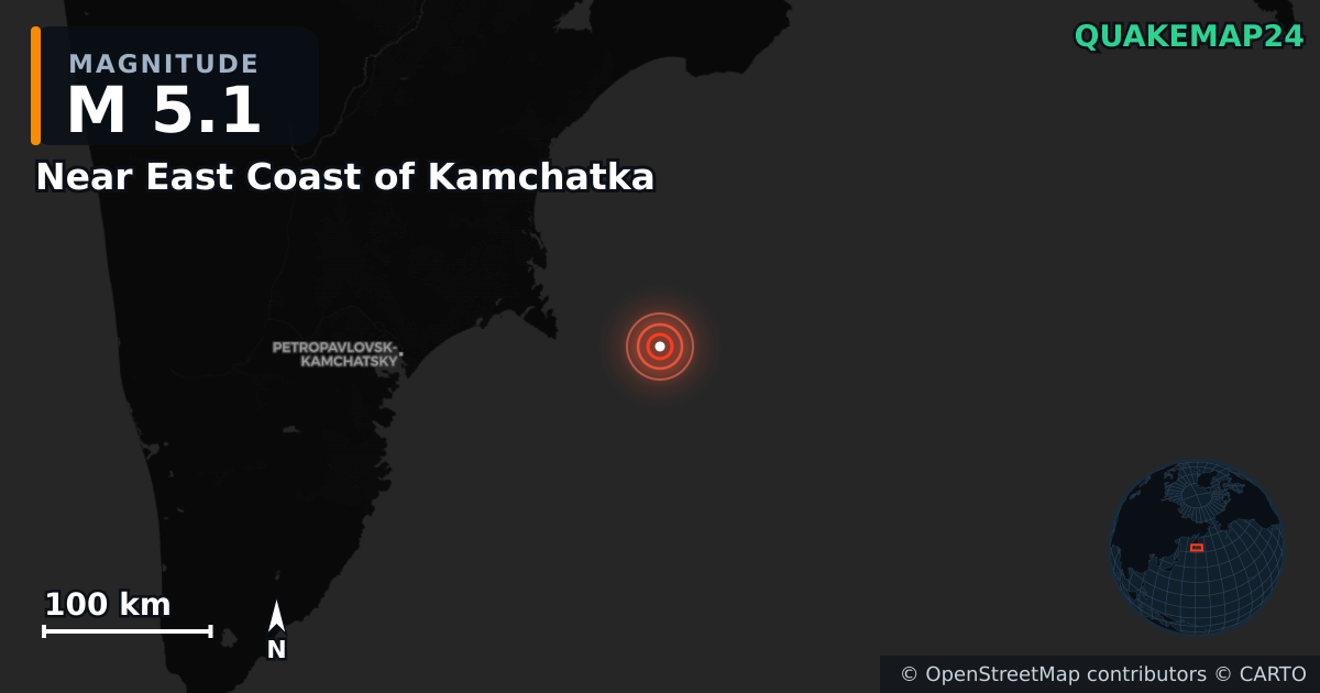 M5.1 earthquake near Near East Coast of Kamchatka on Sep 19, 2025 — map of epicenter and shaking intensity | QuakeMap24