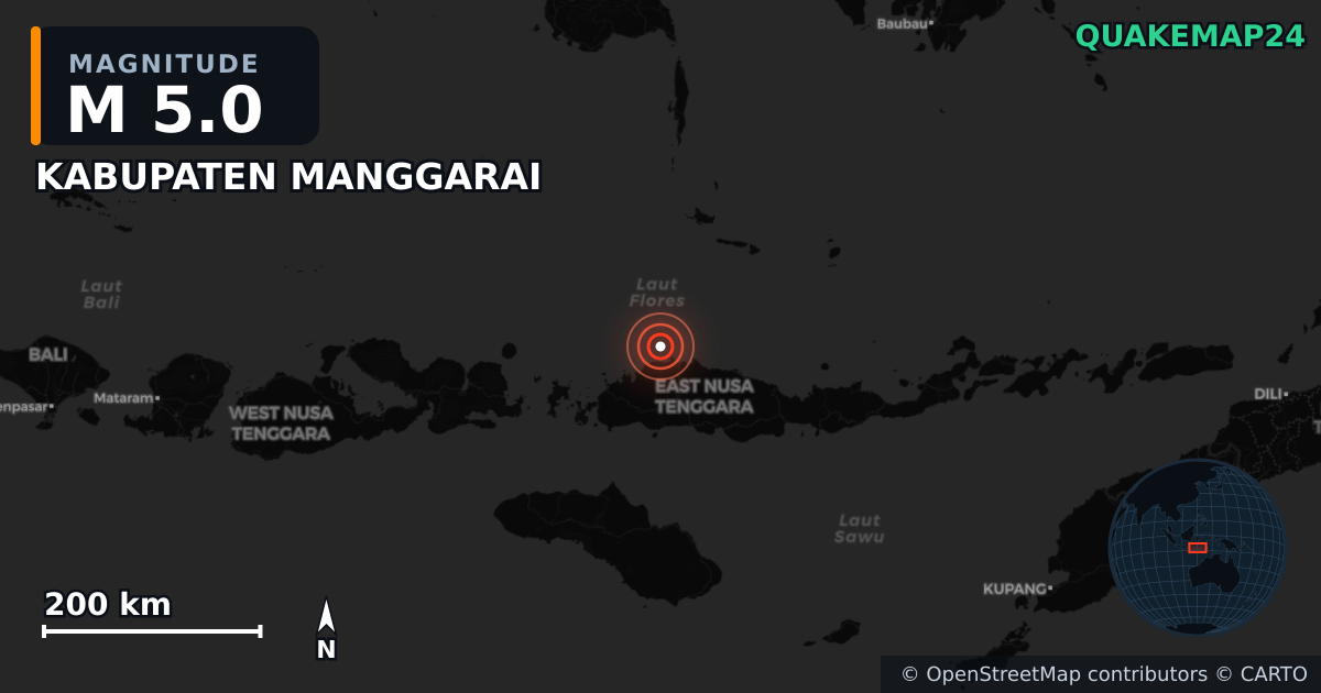 KABUPATEN MANGGARAI, East Nusa Tenggara (Endonezya) yakınında M5,0 deprem · 2026-09-26 — Deprem merkez üssünün konumunu gösteren harita