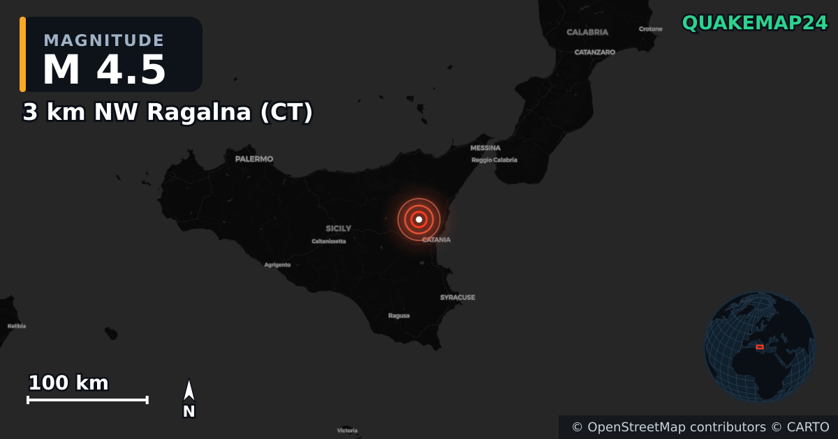M4.5 earthquake near 3 km NW Ragalna (CT) on Mar 4, 2026 — map of epicenter and shaking intensity | QuakeMap24