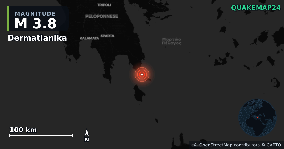 M3.8 earthquake near Dermatianika on Jul 11, 2026 — map of epicenter and shaking intensity | QuakeMap24